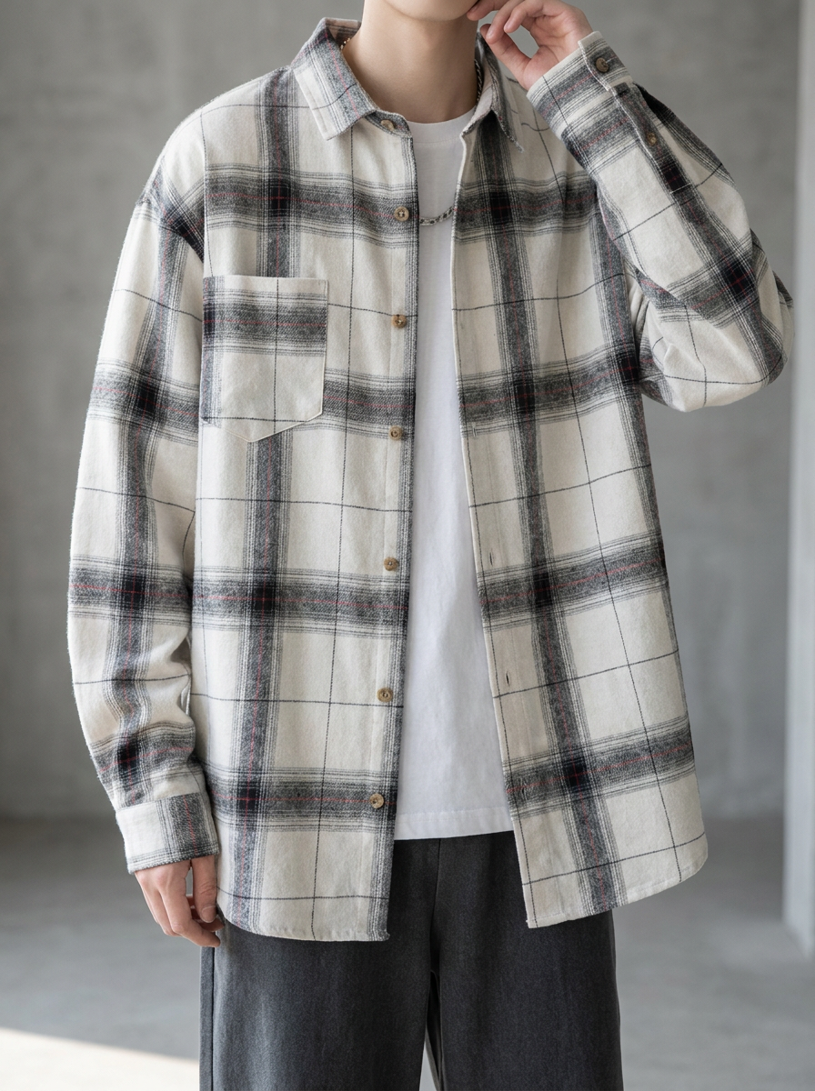 Oversized Plaid Overshirt - White
