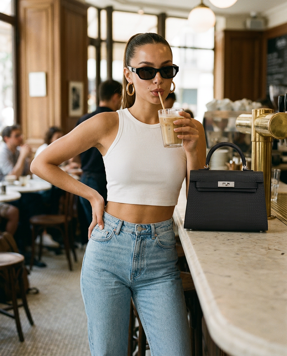 R3CEIVED Mademoiselle Paris handbag matte black - premium lifestyle foto cafe