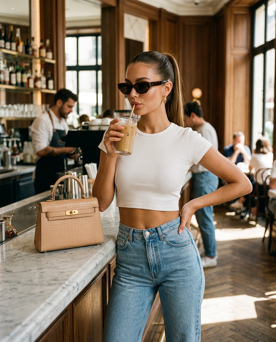 R3CEIVED Mademoiselle Paris handbag matte apricot - premium lifestyle foto cafe