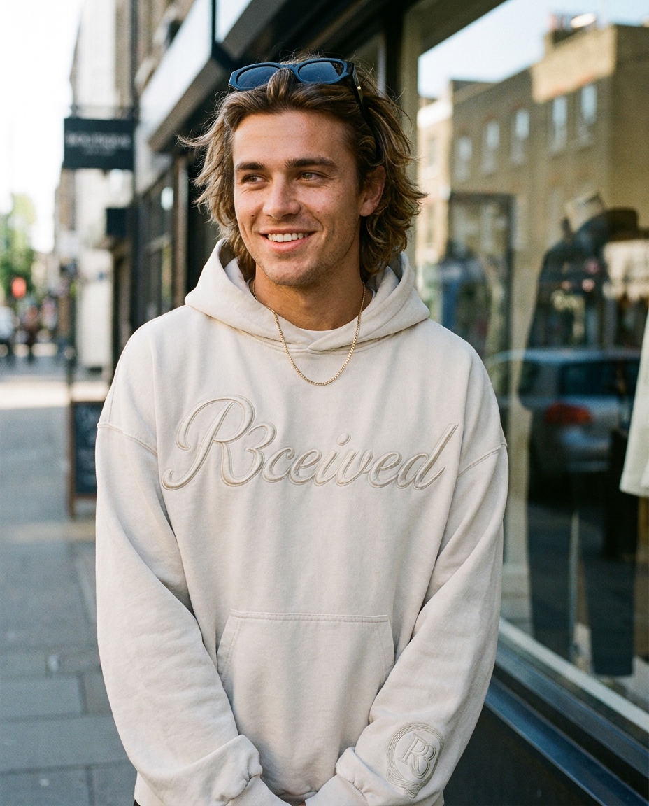 R3CEIVED Circle of Life Exclusive hoodie - Light Beige - male lifestyle close-up