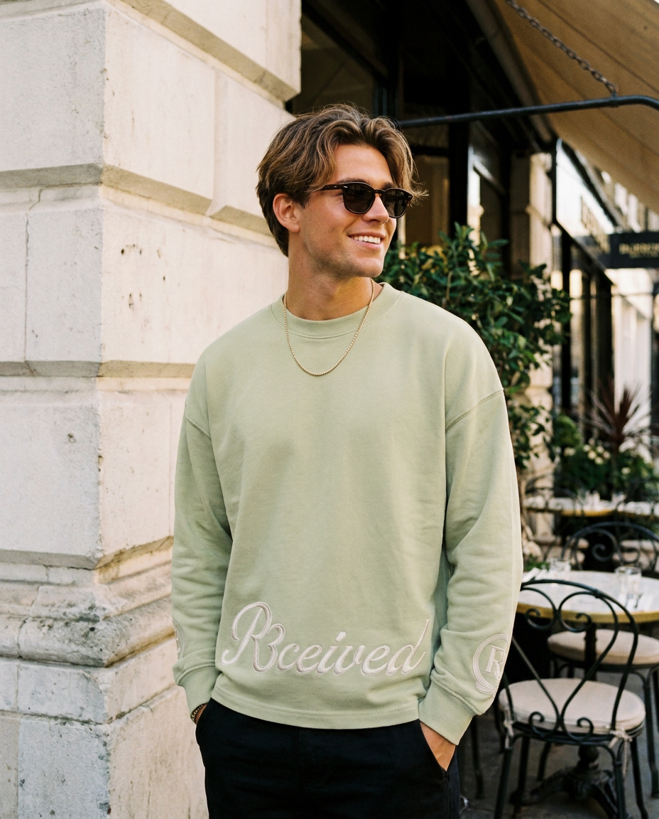 R3CEIVED Circle of Life long sleeve top Matcha Green - male lifestyle close up
