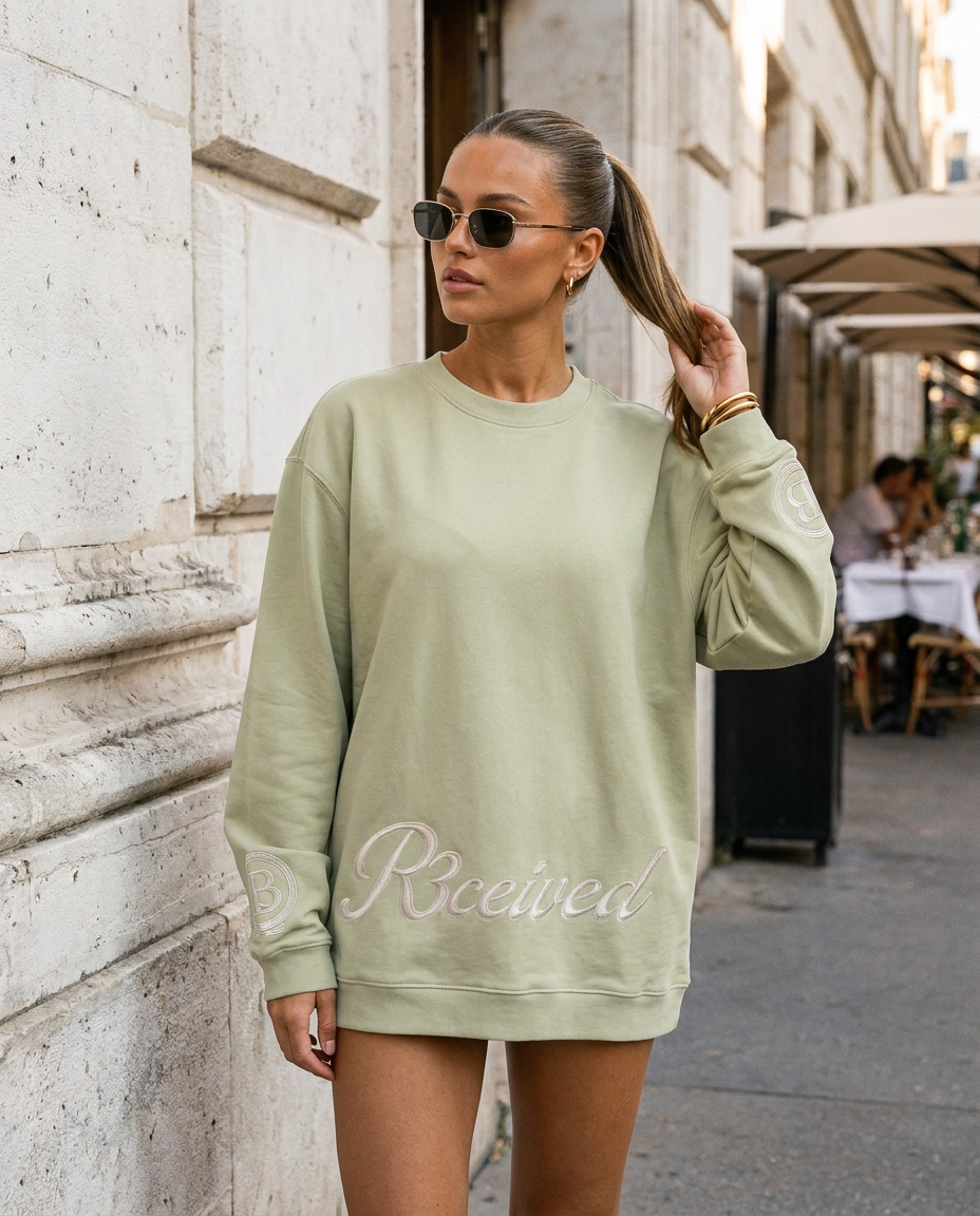 R3CEIVED Circle of Life long sleeve top Matcha Green - female lifestyle close up