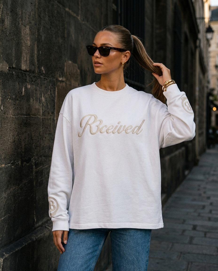 R3CEIVED Circle of Life long sleeve top White - female lifestyle close up