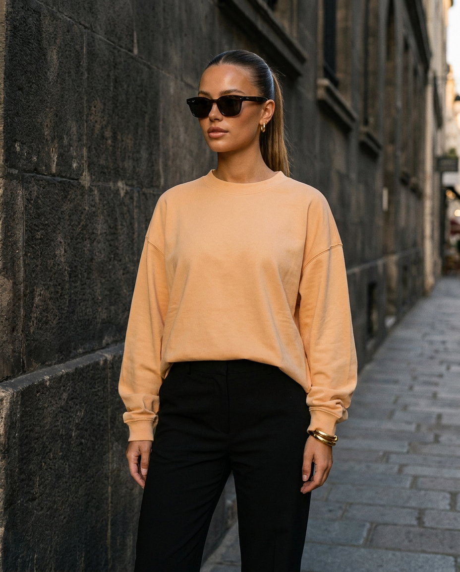 R3CEIVED Circle of Life long sleeve top Rice Apricot - female lifestyle full body