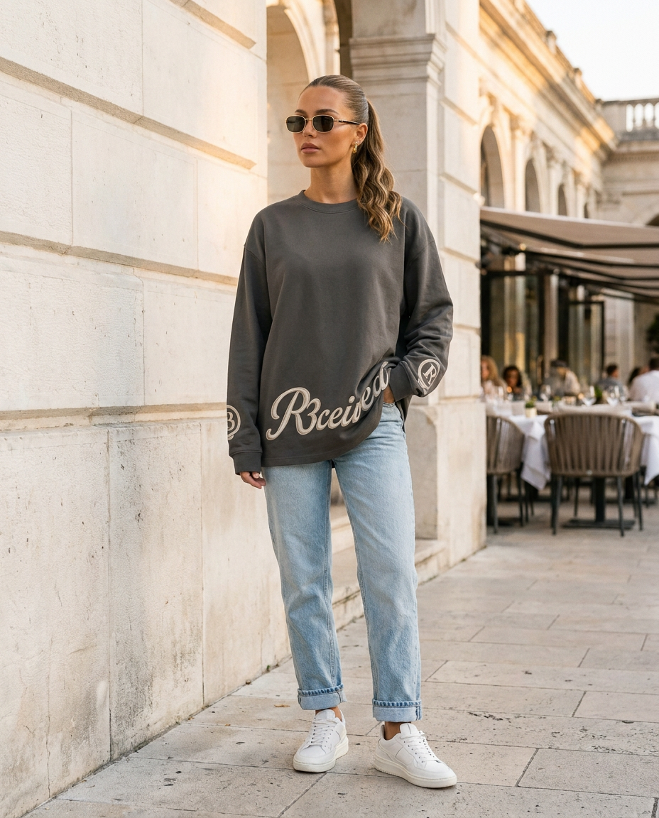 R3CEIVED Circle of Life long sleeve top Charcoal Grey - female lifestyle full body