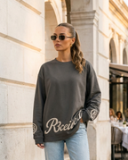 R3CEIVED Circle of Life long sleeve top Charcoal Grey - female lifestyle full body