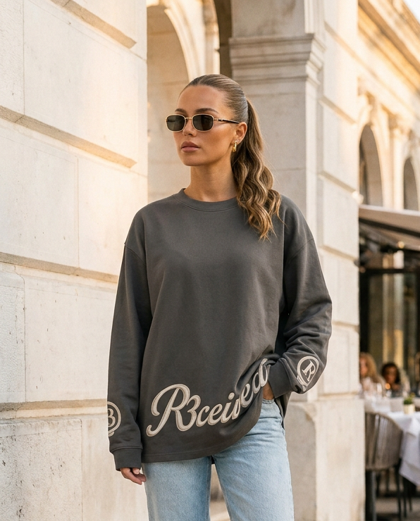 R3CEIVED Circle of Life long sleeve top Charcoal Grey - female lifestyle full body
