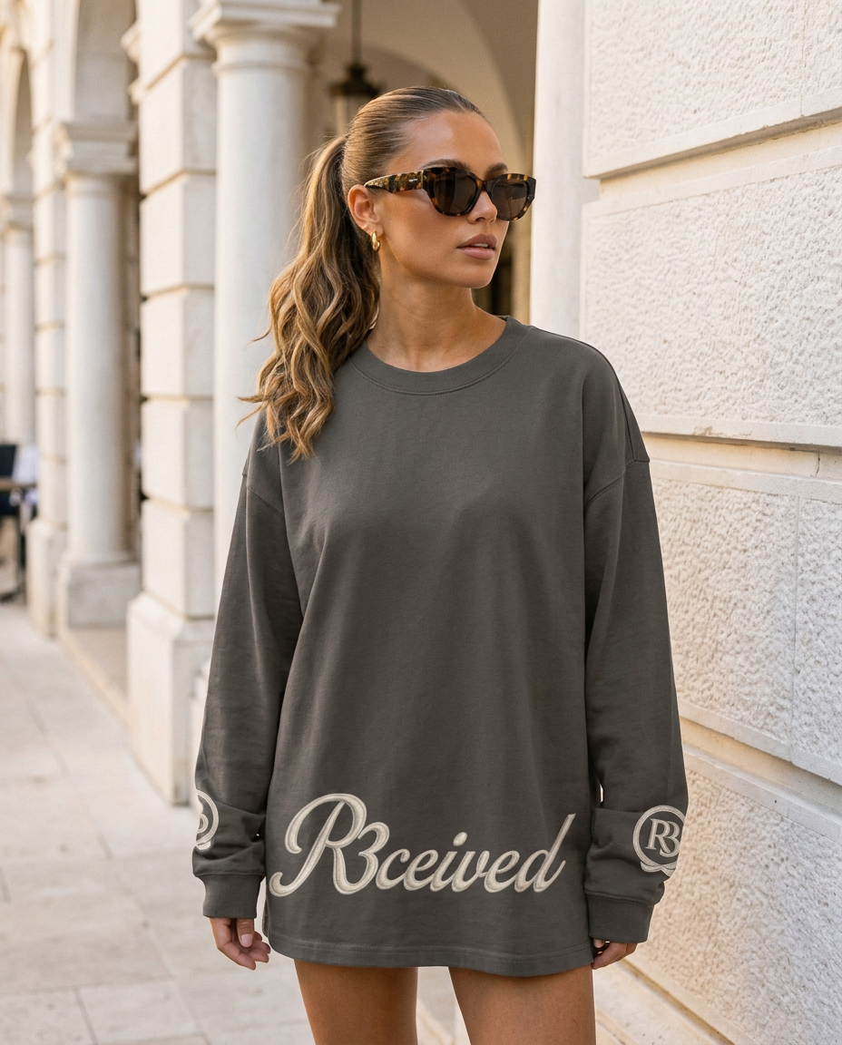 R3CEIVED Circle of Life long sleeve top Charcoal Grey - female lifestyle close up