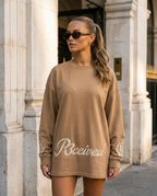 R3CEIVED Circle of Life long sleeve top Camel - female lifestyle close up