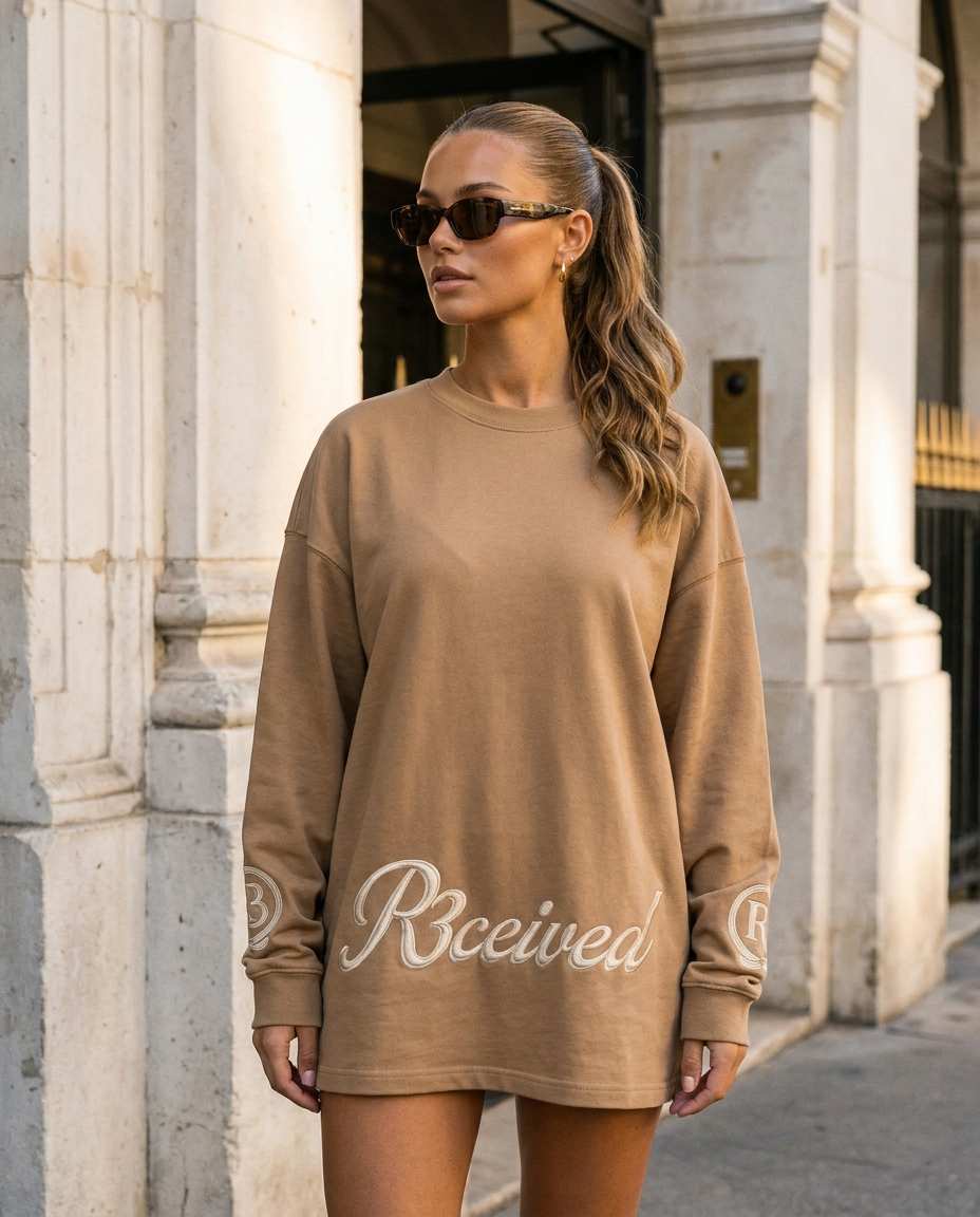 R3CEIVED Circle of Life long sleeve top Camel - female lifestyle close up