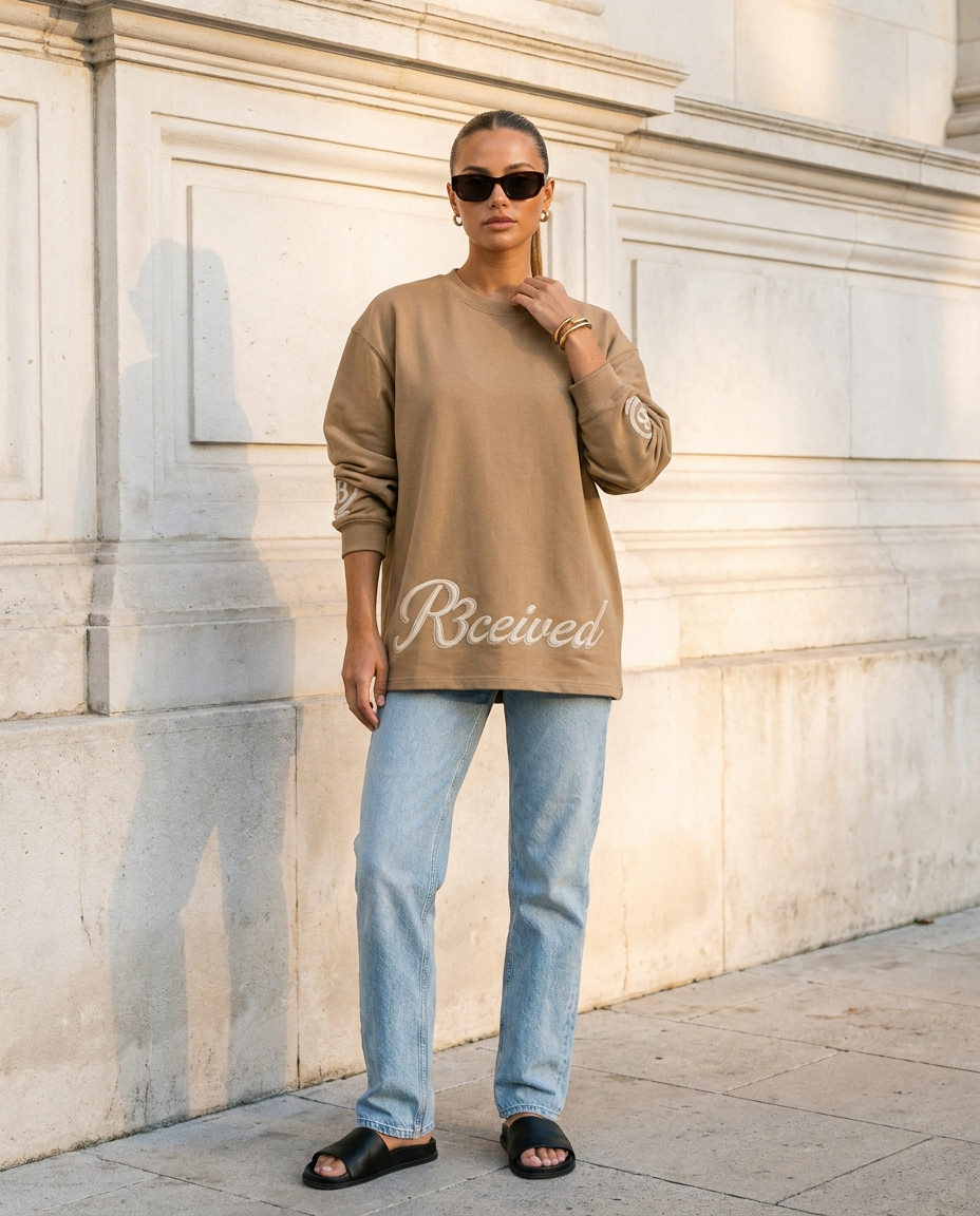 R3CEIVED Circle of Life long sleeve top Camel - female lifestyle front view