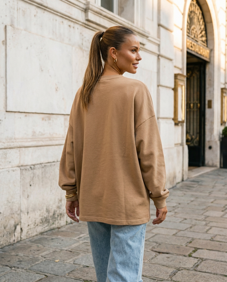 R3CEIVED Circle of Life long sleeve top Camel - female lifestyle back view