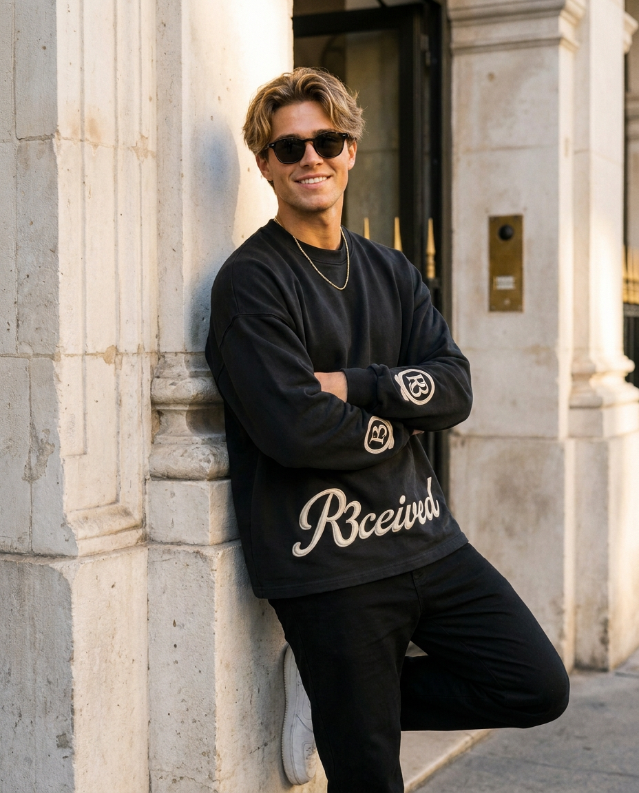 R3CEIVED Circle of Life long sleeve top Black - male lifestyle leaning wall