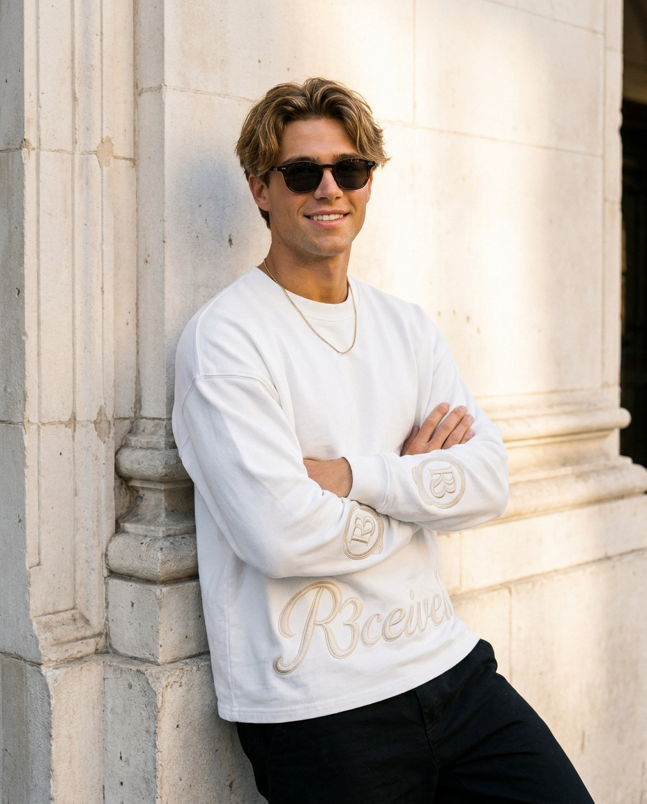 R3CEIVED Circle of Life long sleeve top White - male lifestyle leaning wall