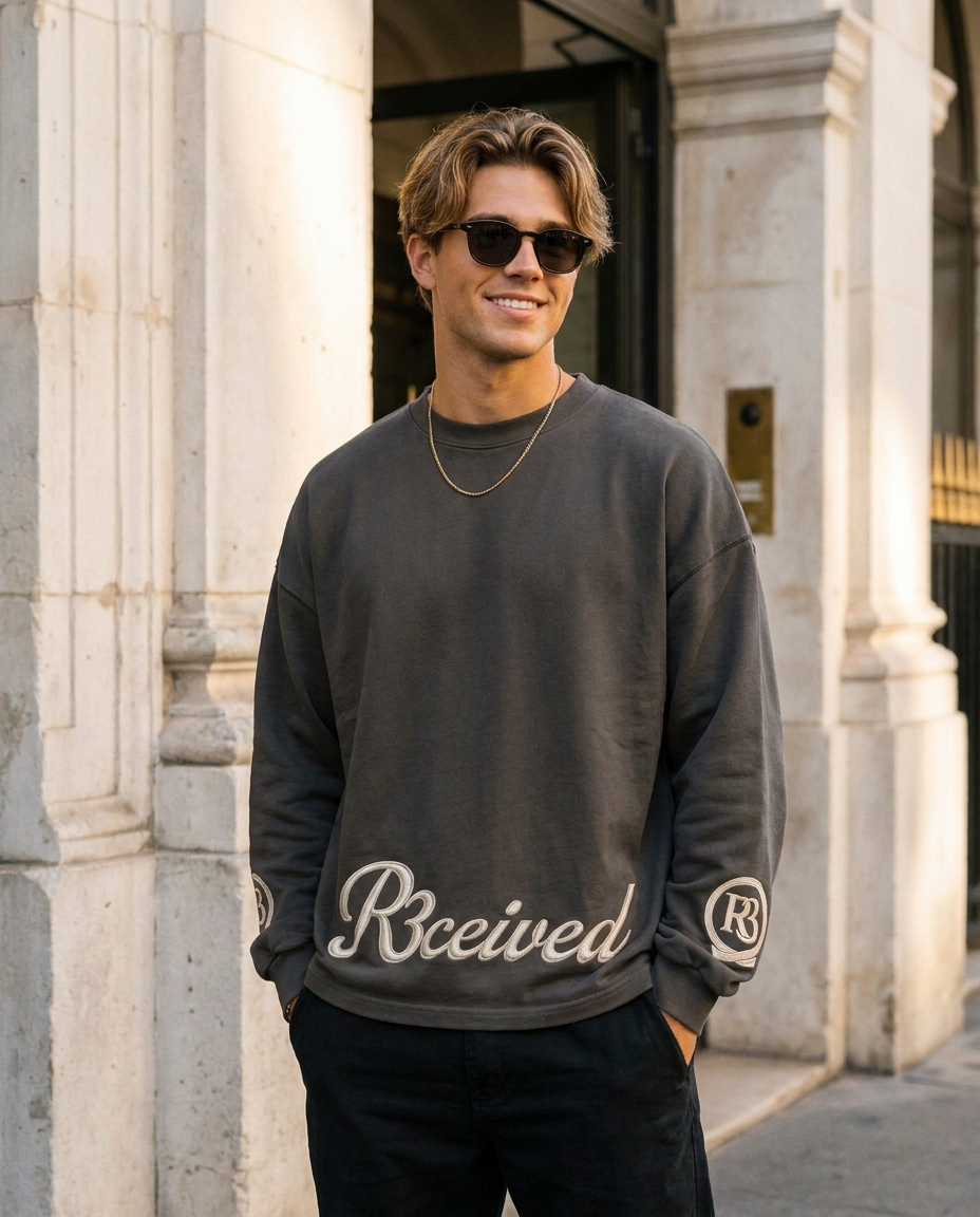 R3CEIVED Circle of Life long sleeve top Charcoal Grey - male lifestyle full body sunglasses