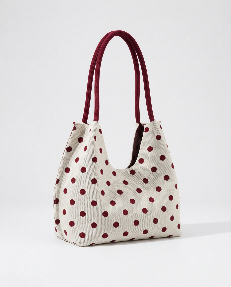 Polkadot Knit Bag in Cream & Burgundy – knitted polka dot handbag