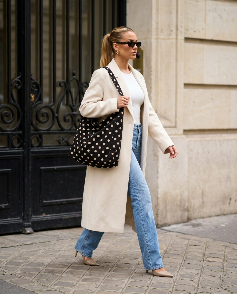 Woman walking with the Polkadot Bag in Black on her shoulder