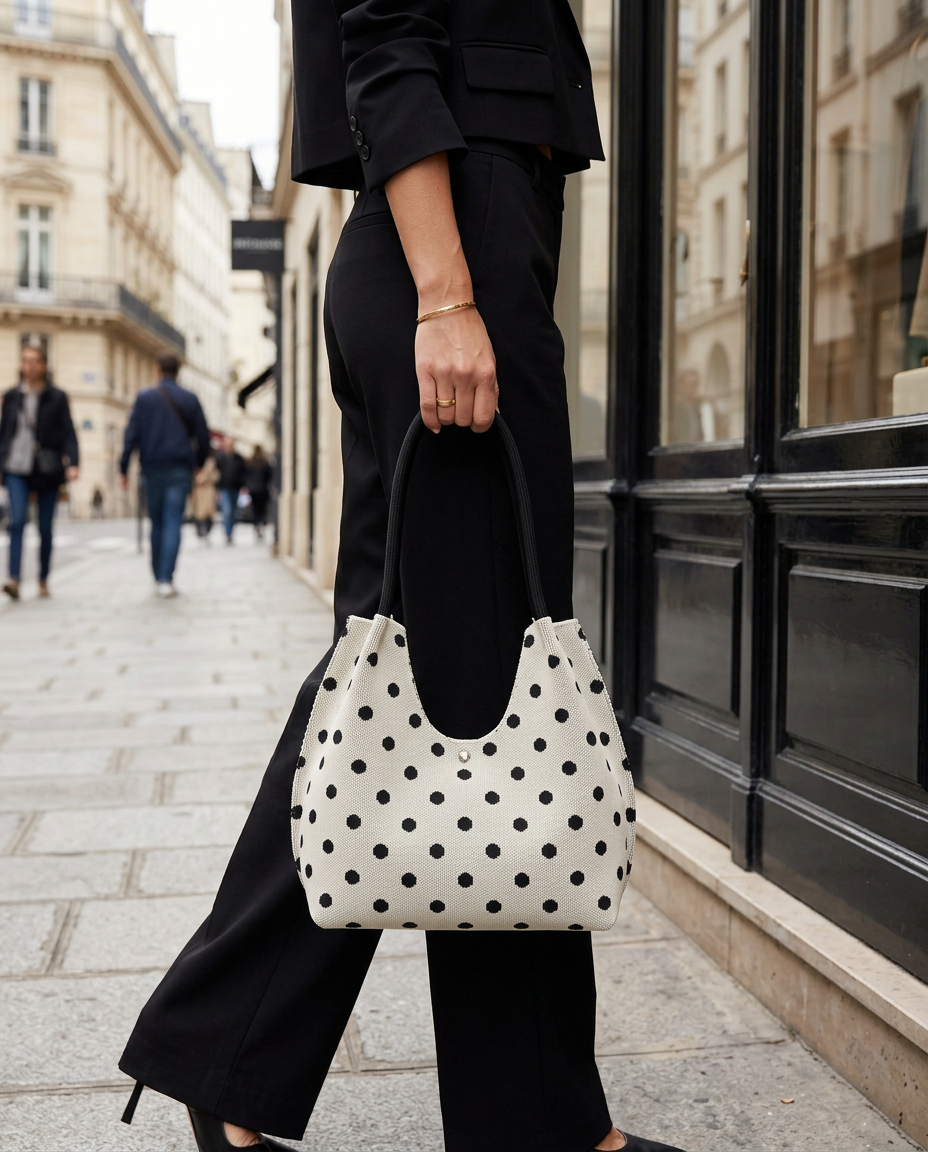 Close-up of the Polkadot Knit Bag in Cream & Black carried by hand