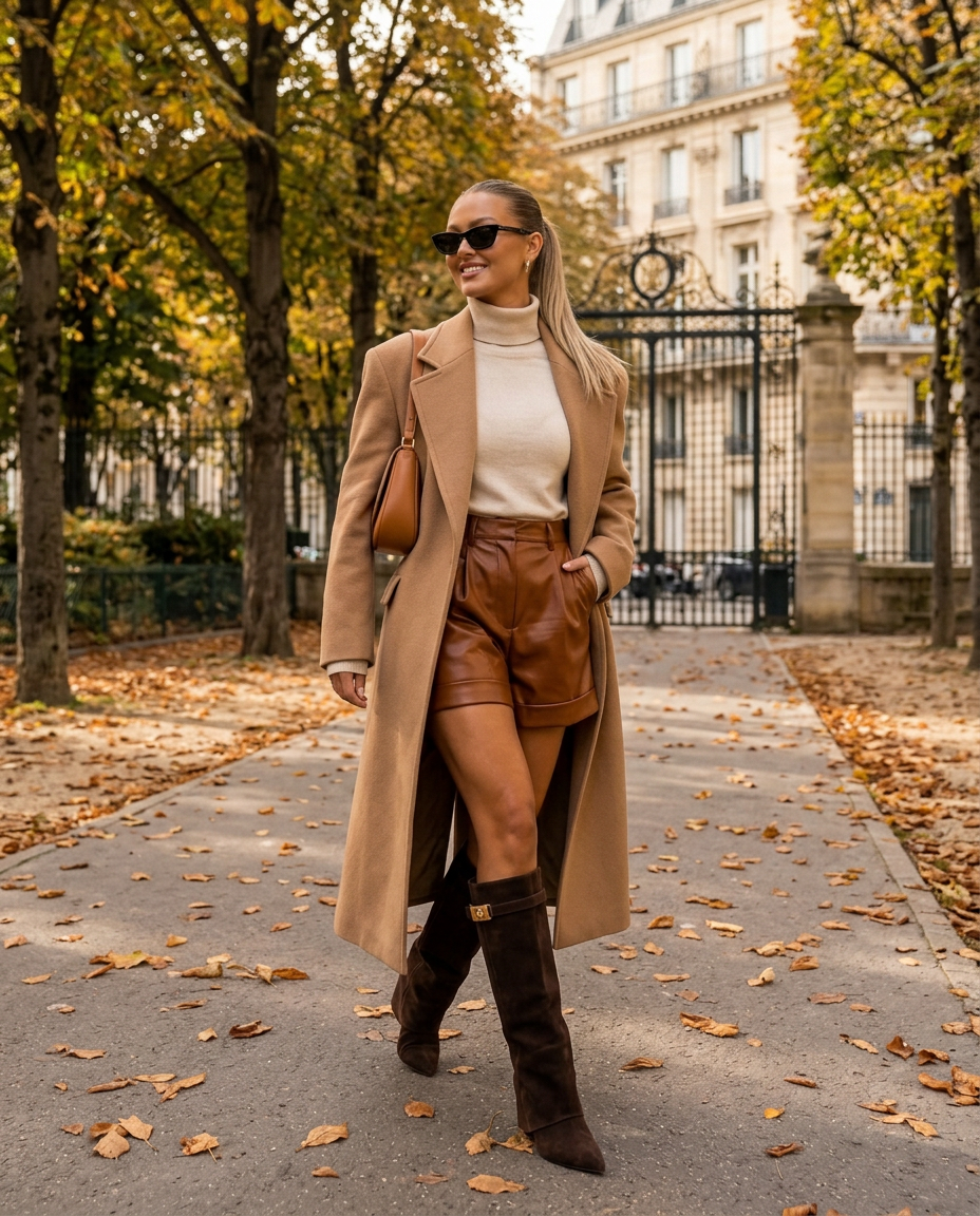 Monaco Leather Shorts in Cognac - autumn Paris look