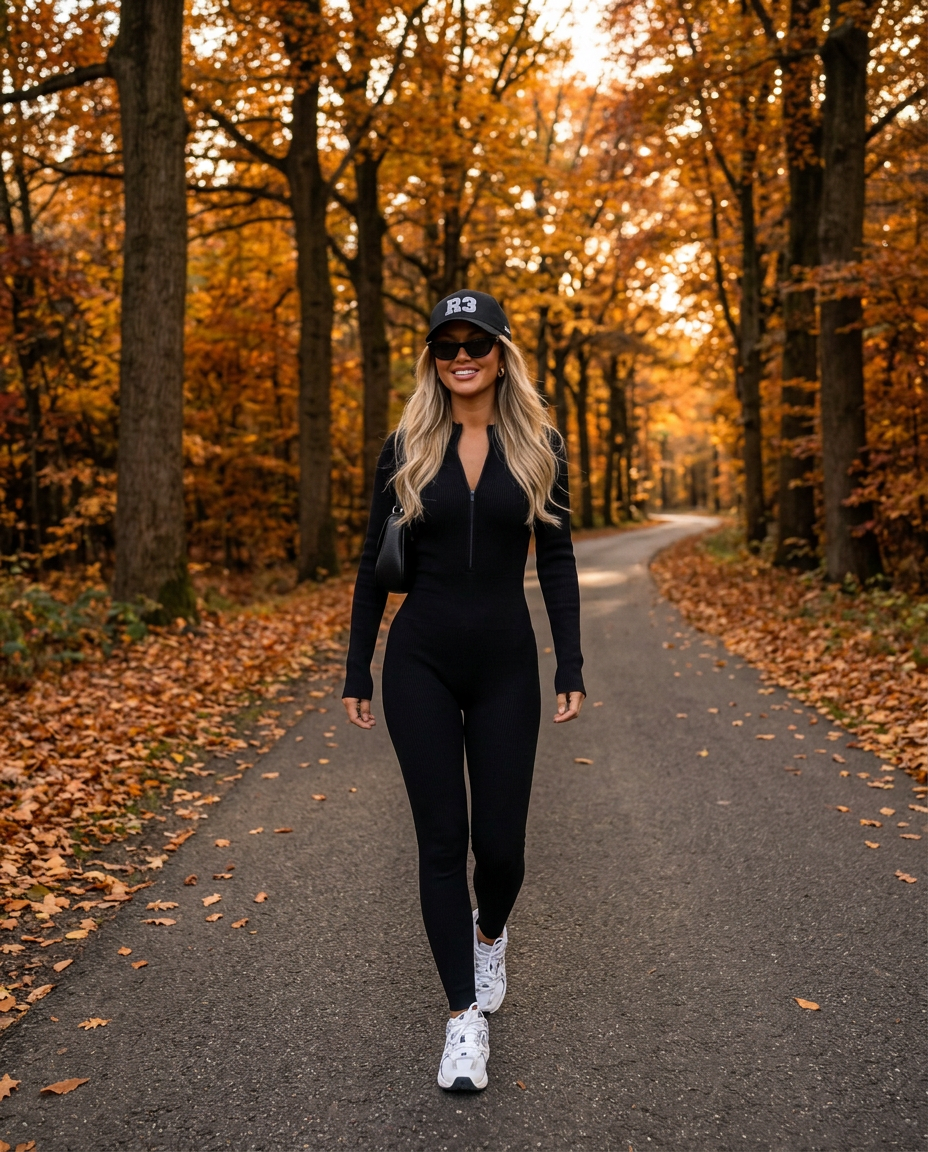Aspen Ribbed Jumpsuit in black with R3 cap on an autumn forest road