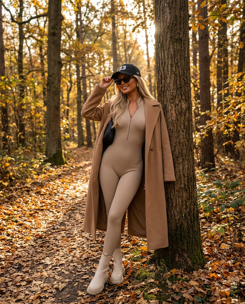 Aspen Ribbed Jumpsuit in beige with R3 cap in an autumn forest