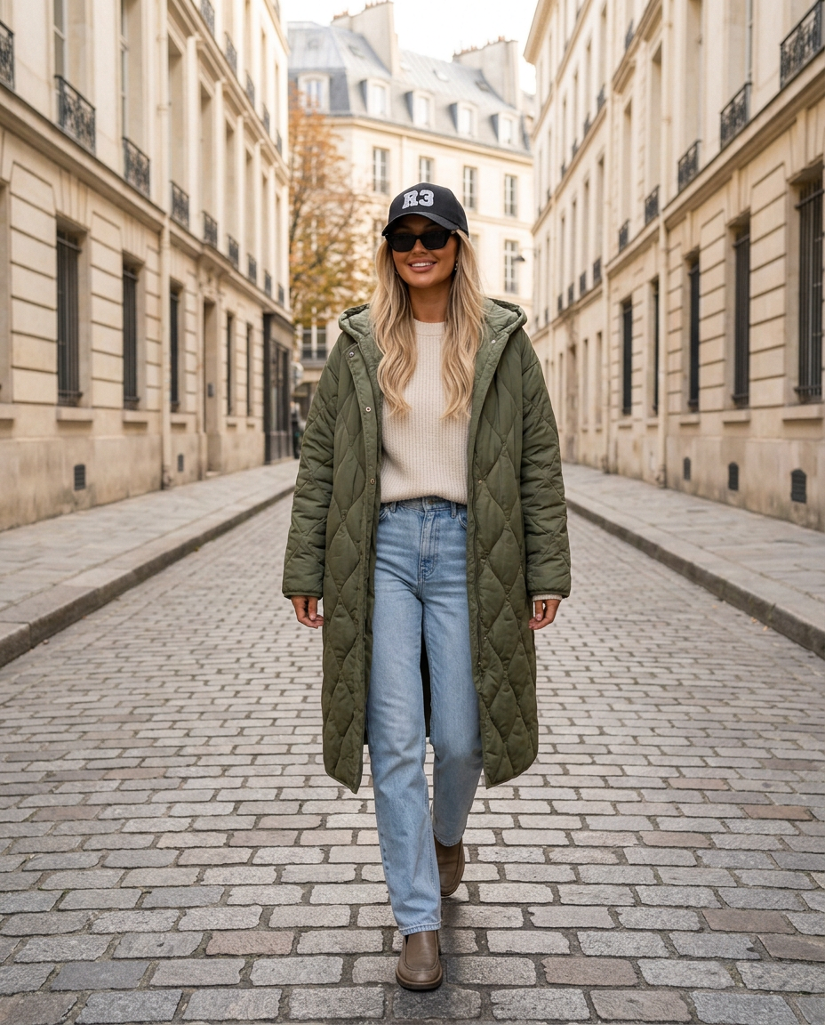 Chamonix Quilted Coat in Army Green with R3 cap on a Paris street