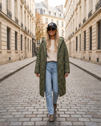 Chamonix Quilted Coat in Army Green with R3 cap on a Paris street