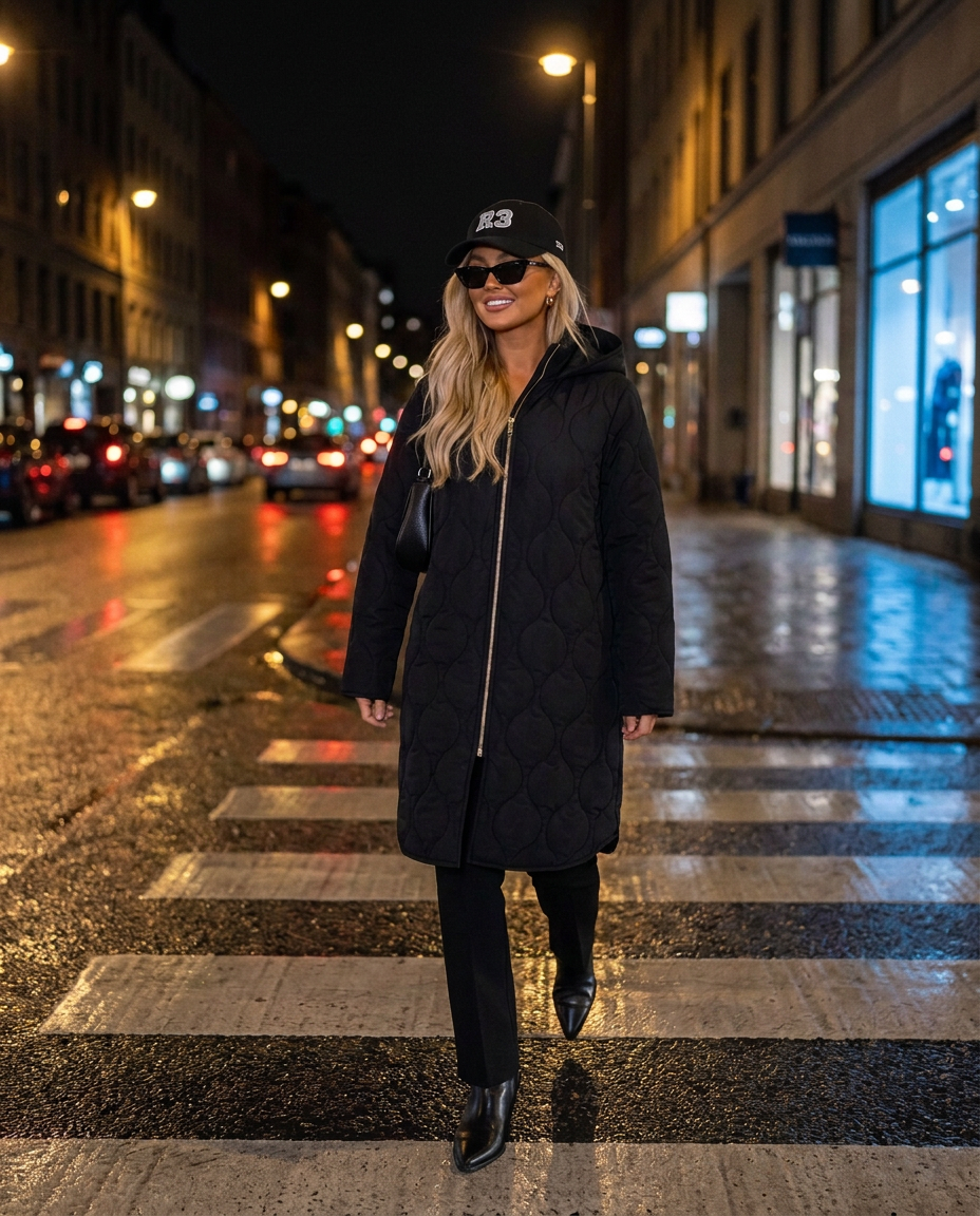 Chamonix Quilted Coat in Black with R3 cap crossing a zebra crossing at night