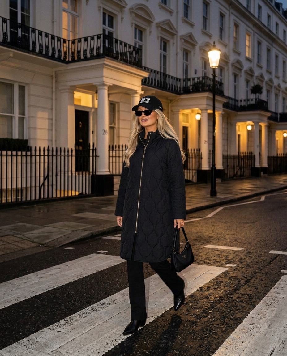 Chamonix Quilted Coat in Black with R3 cap on a London street