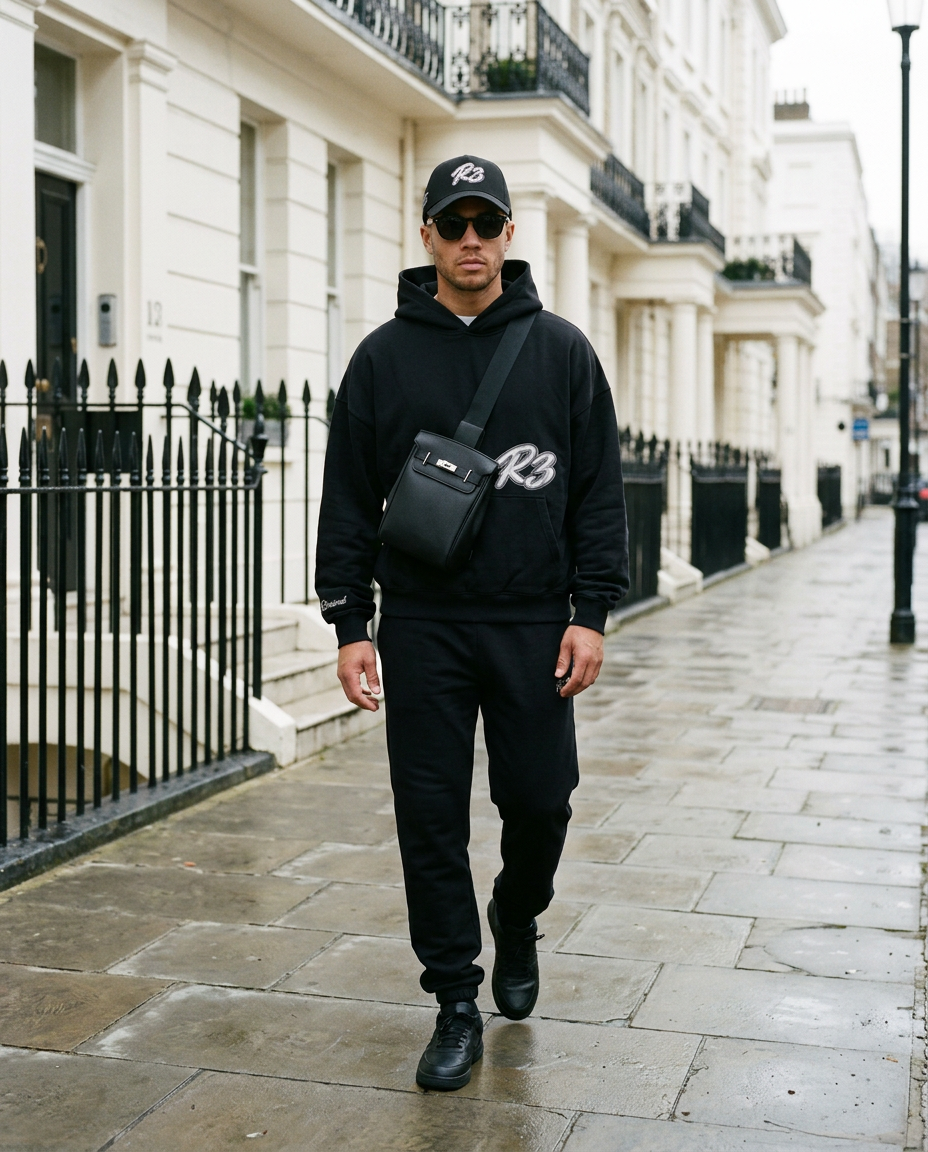 Man in R3CEIVED Hustlers hoodie wearing the Sinclair crossbody bag in Black on a London street