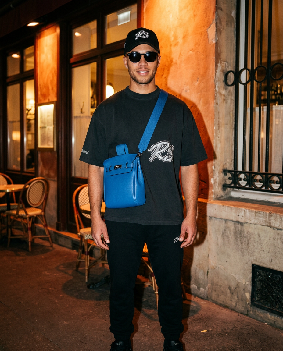 Man in R3CEIVED Hustlers T-shirt wearing the Sinclair crossbody bag in Blue at night