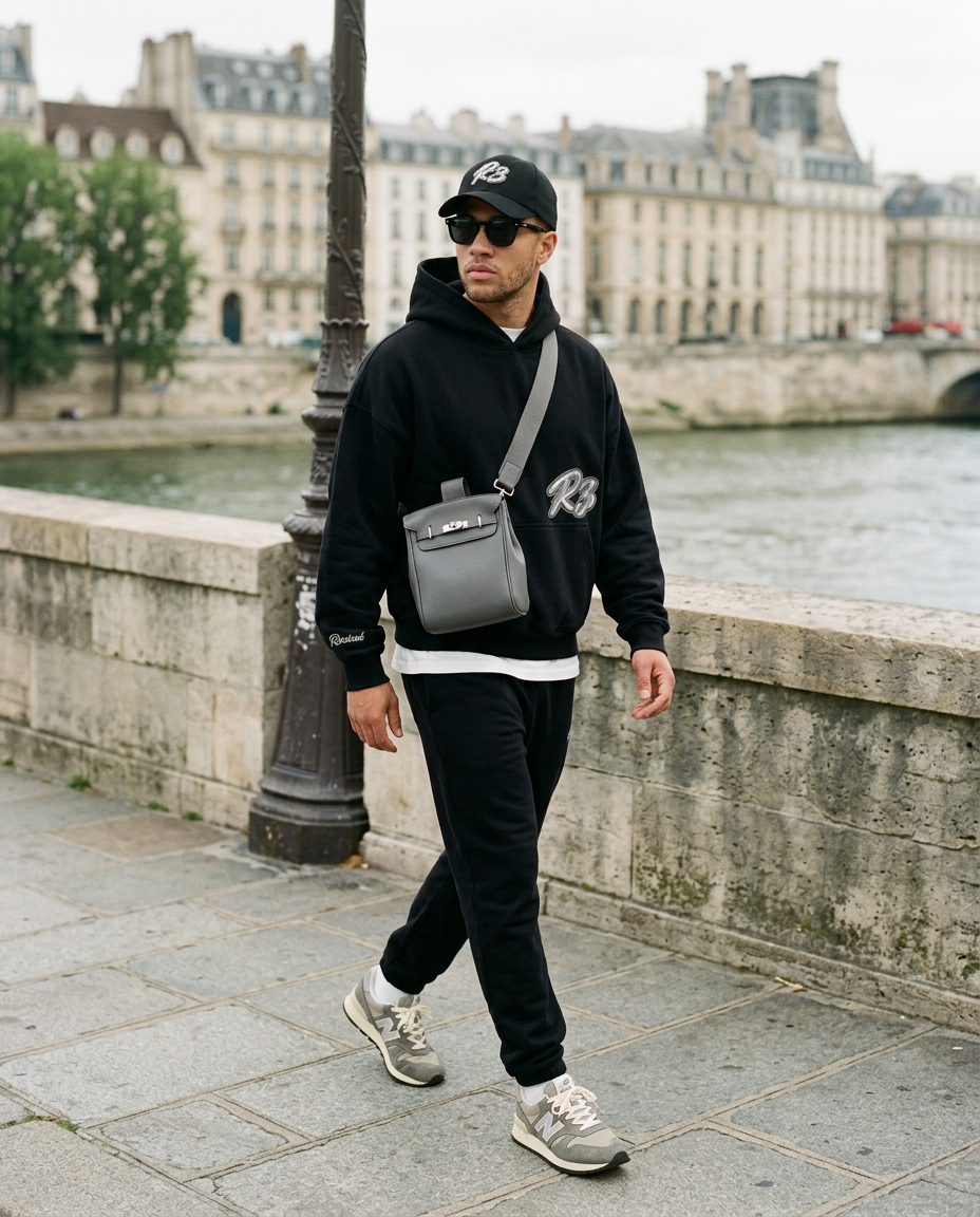 Man in R3CEIVED Hustlers hoodie wearing the Sinclair crossbody bag in Grey on a bridge in Paris