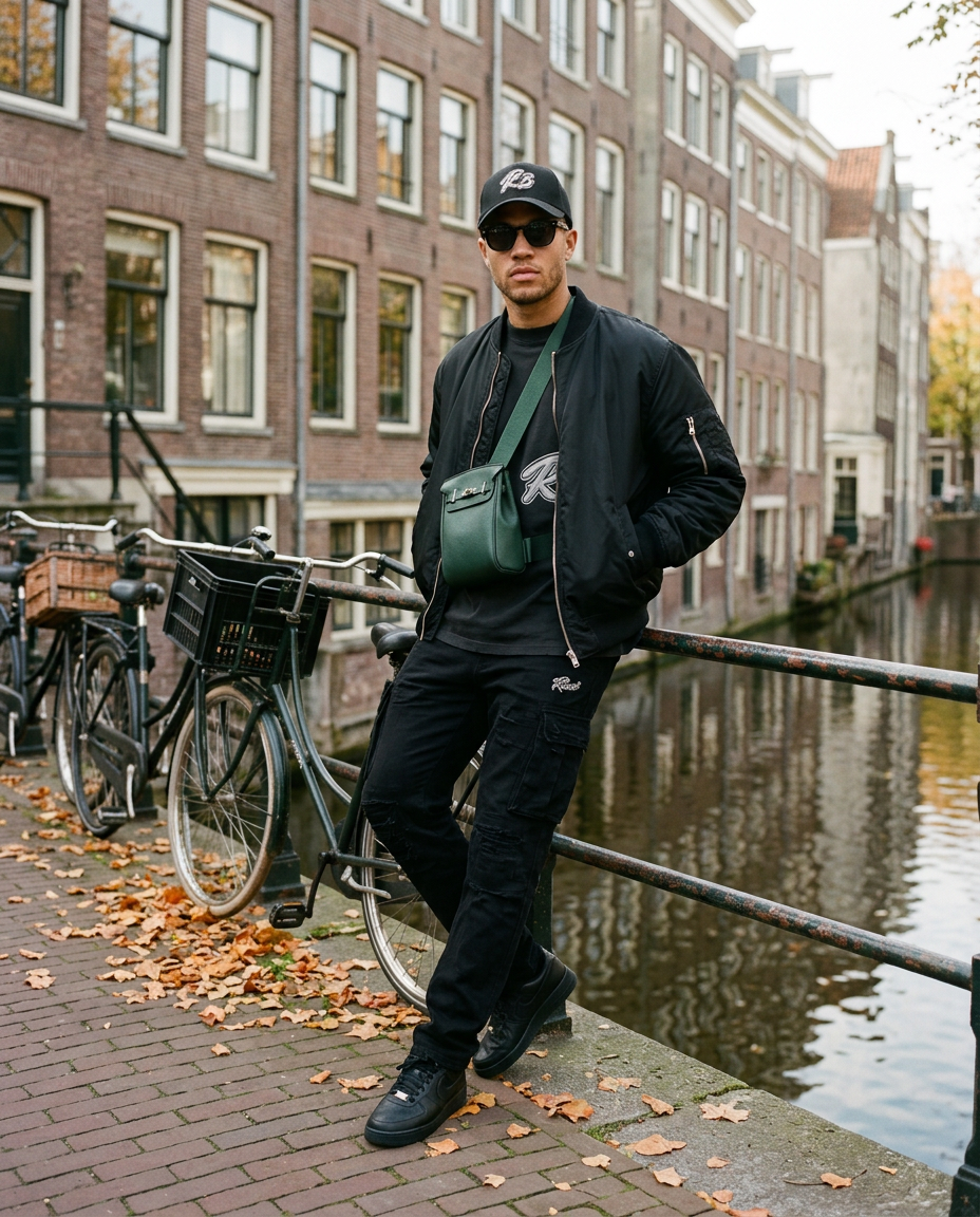 Man in R3CEIVED Hustlers T-shirt wearing the Sinclair crossbody bag in Green by an Amsterdam canal