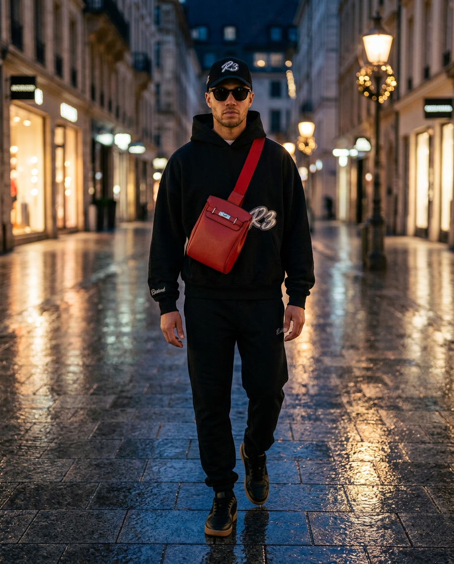 Man in R3CEIVED Hustlers hoodie wearing the Sinclair crossbody bag in Red on a city street at night