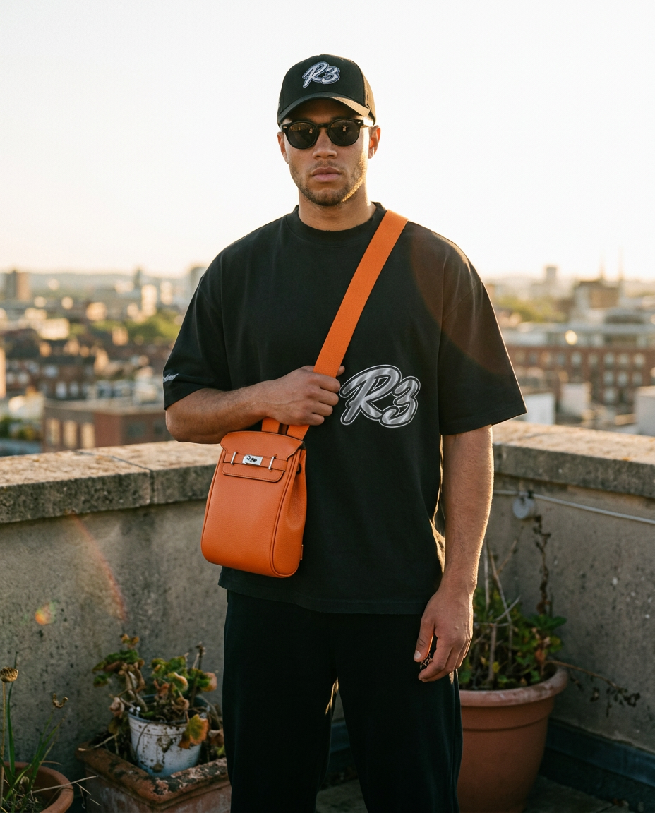 Man in R3CEIVED Hustlers T-shirt wearing the Sinclair crossbody bag in Orange on a rooftop at golden hour