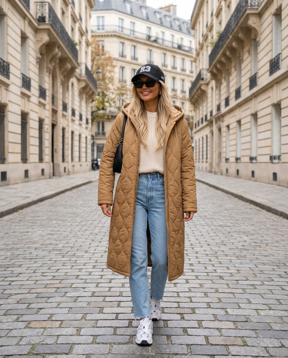 St. Moritz Maxi Coat in Khaki with R3 cap on a Paris street