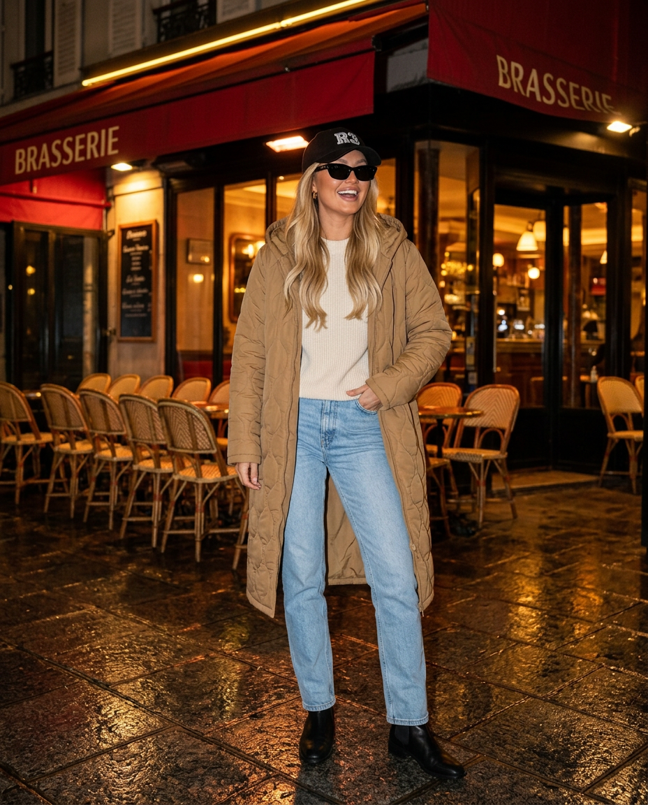 St. Moritz Maxi Coat in Khaki with R3 cap outside a Paris brasserie at night