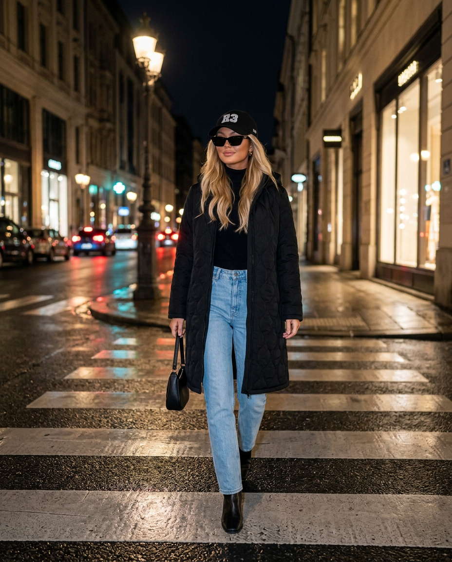 St. Moritz Maxi Coat in Black with R3 cap on a zebra crossing at night