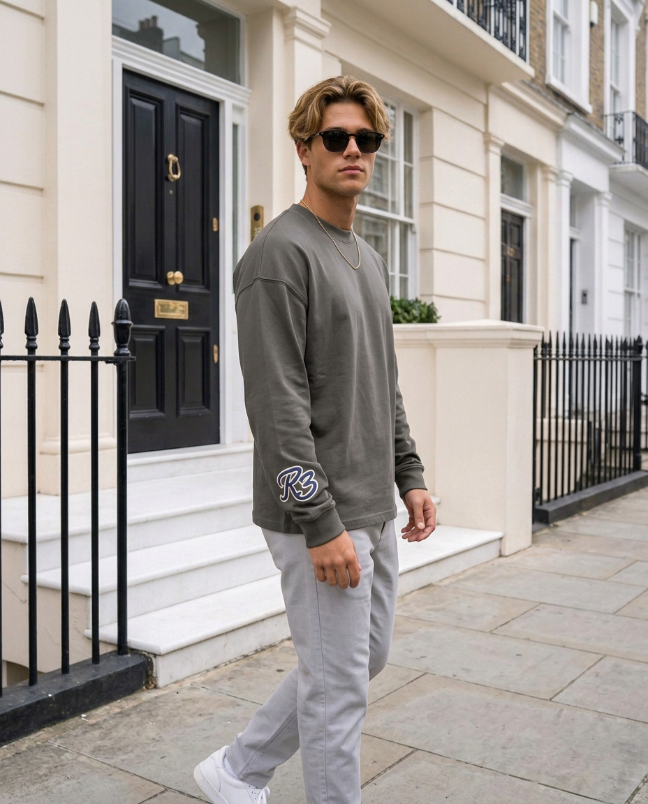 R3 Luxury Long Sleeve in Charcoal Grey, men's, sleeve logo, London | R3CEIVED