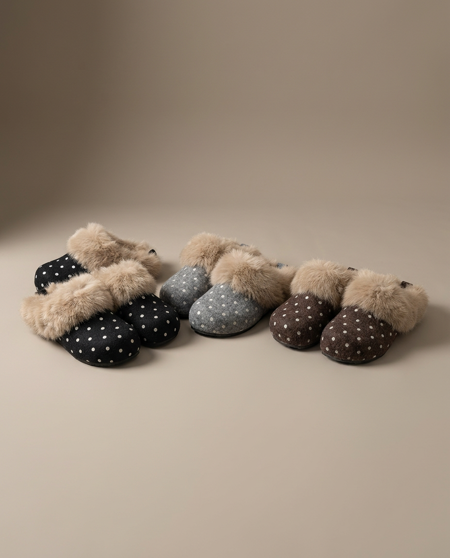 R3ceived Polka Dot Cosy Clog in black, grey and coffee brown