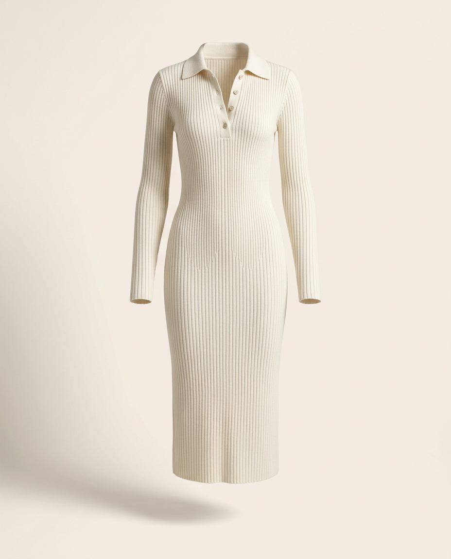 Knightsbridge Ribbed Knit Dress in Ivory, studio