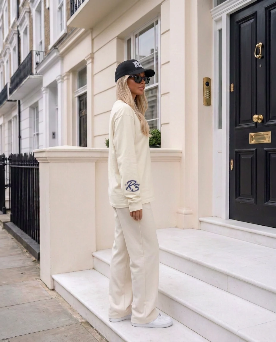R3 Luxury Long Sleeve in Rice Apricot, logo on right sleeve, London | R3CEIVED