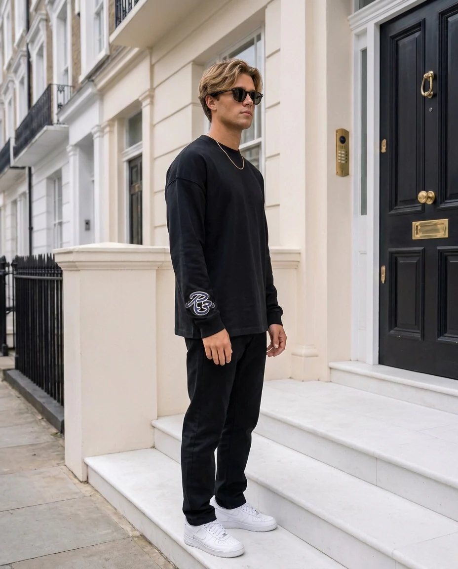 R3 Luxury Long Sleeve in Black, men's, logo on right sleeve, London | R3CEIVED