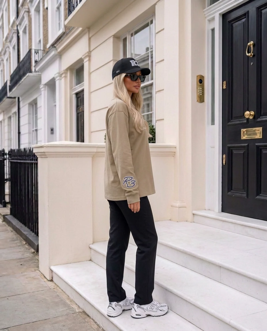 R3 Luxury Long Sleeve in Camel, logo on right sleeve, London | R3CEIVED