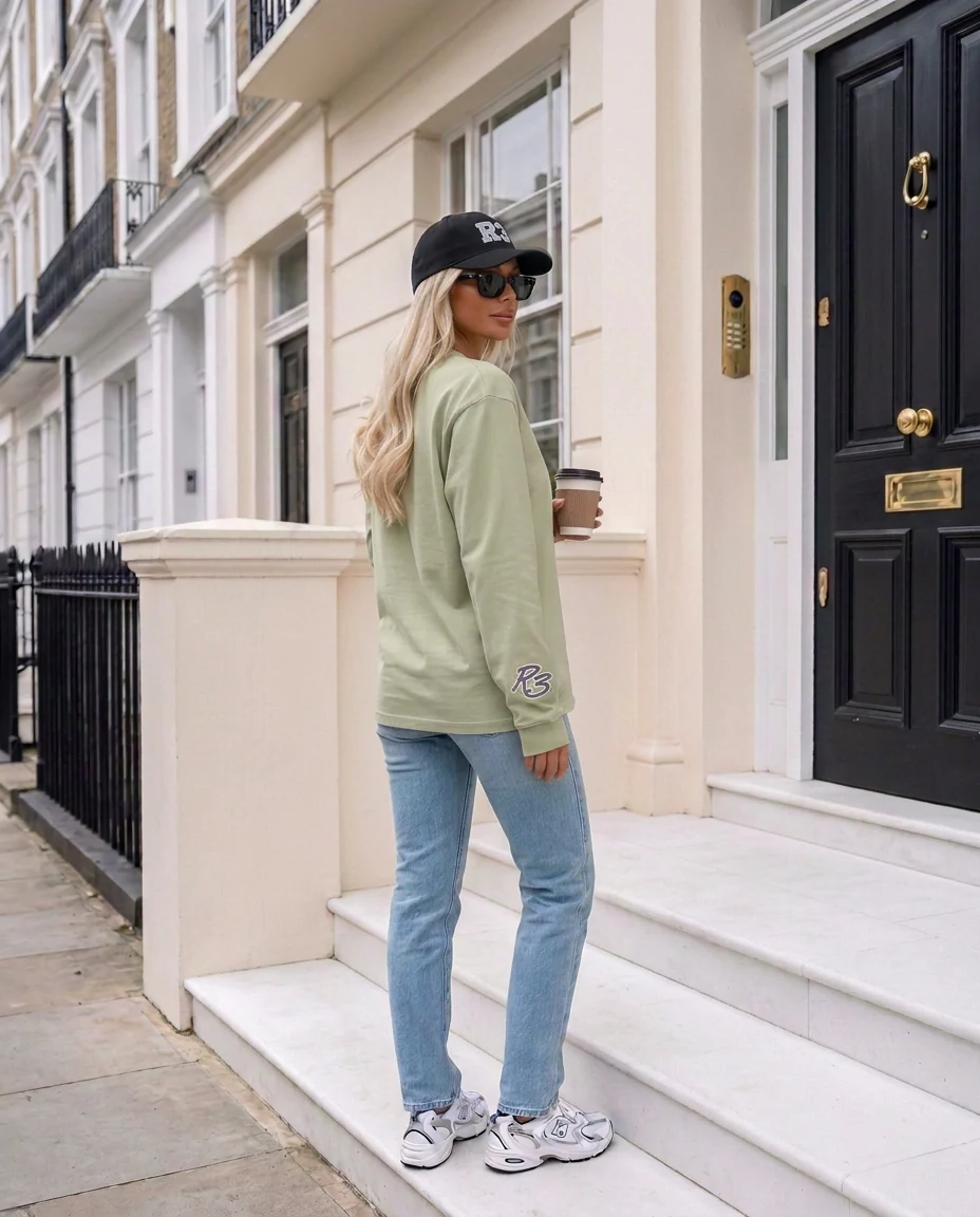R3 Luxury Long Sleeve in Matcha Green, logo on right sleeve, London | R3CEIVED