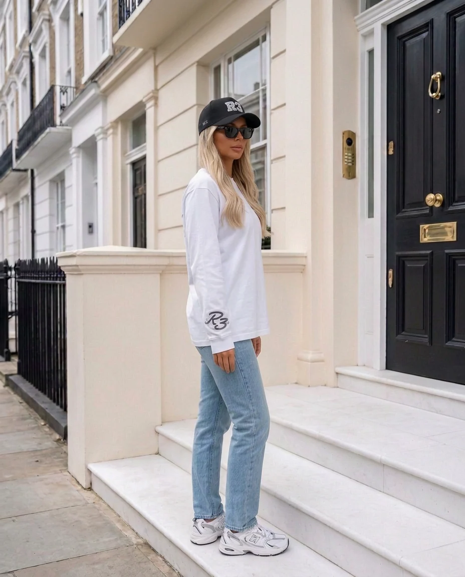 R3 Luxury Long Sleeve in White, logo on right sleeve, London | R3CEIVED