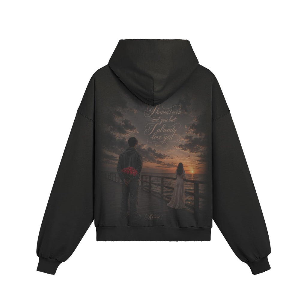 R3CEIVED True Love black cotton hoodie featuring a romantic sunset pier graphic print on the back