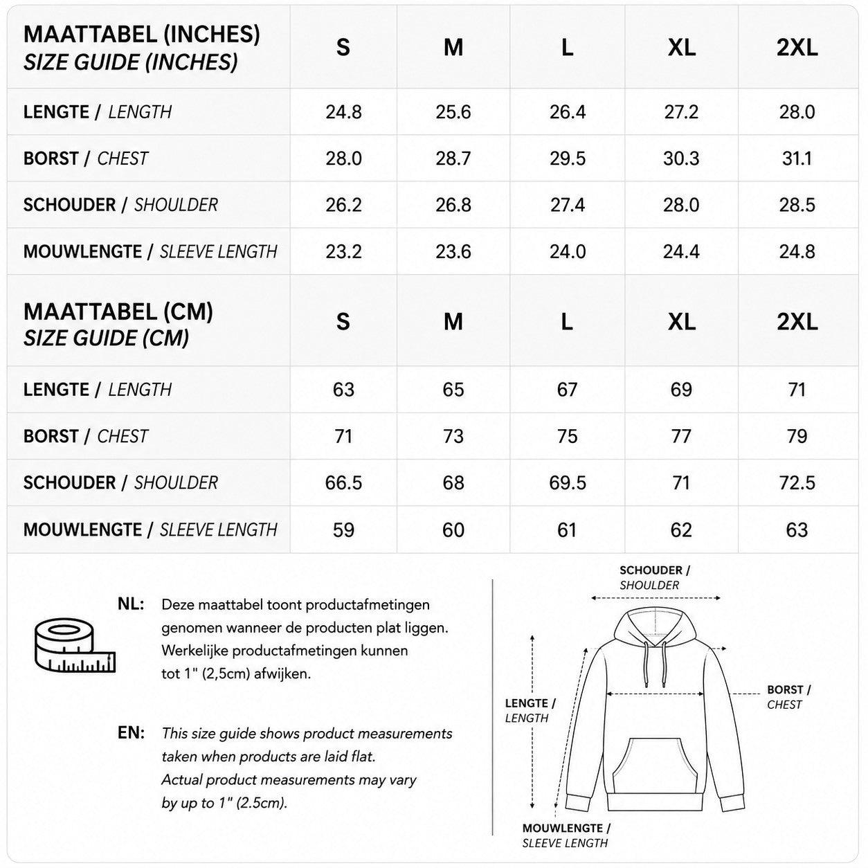 R3CEIVED True Love hoodie size guide chart showing measurements in inches and centimeters for sizes S to 2XL