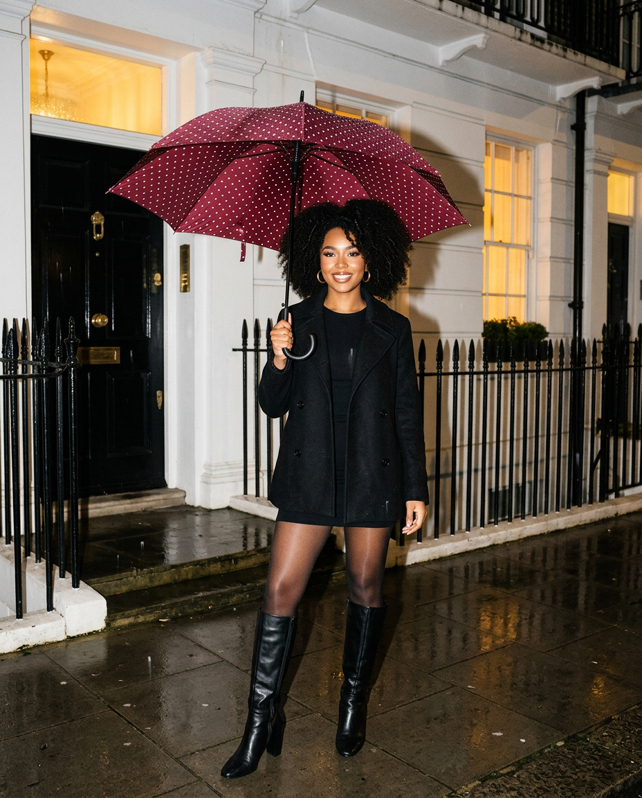R3ceived Polka Dot Stick Umbrella Burgundy at night