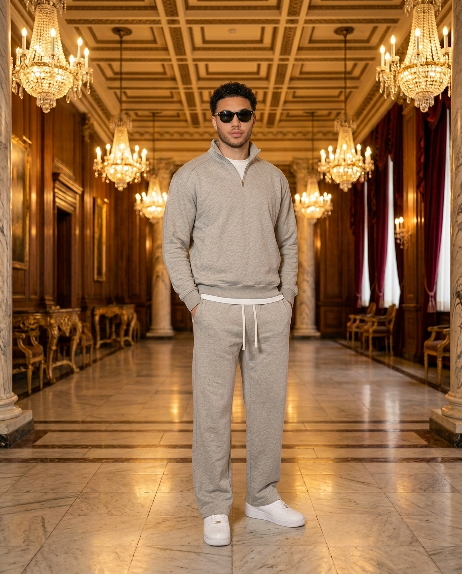 R3 Old Money Tracksuit Oatmeal Grey worn